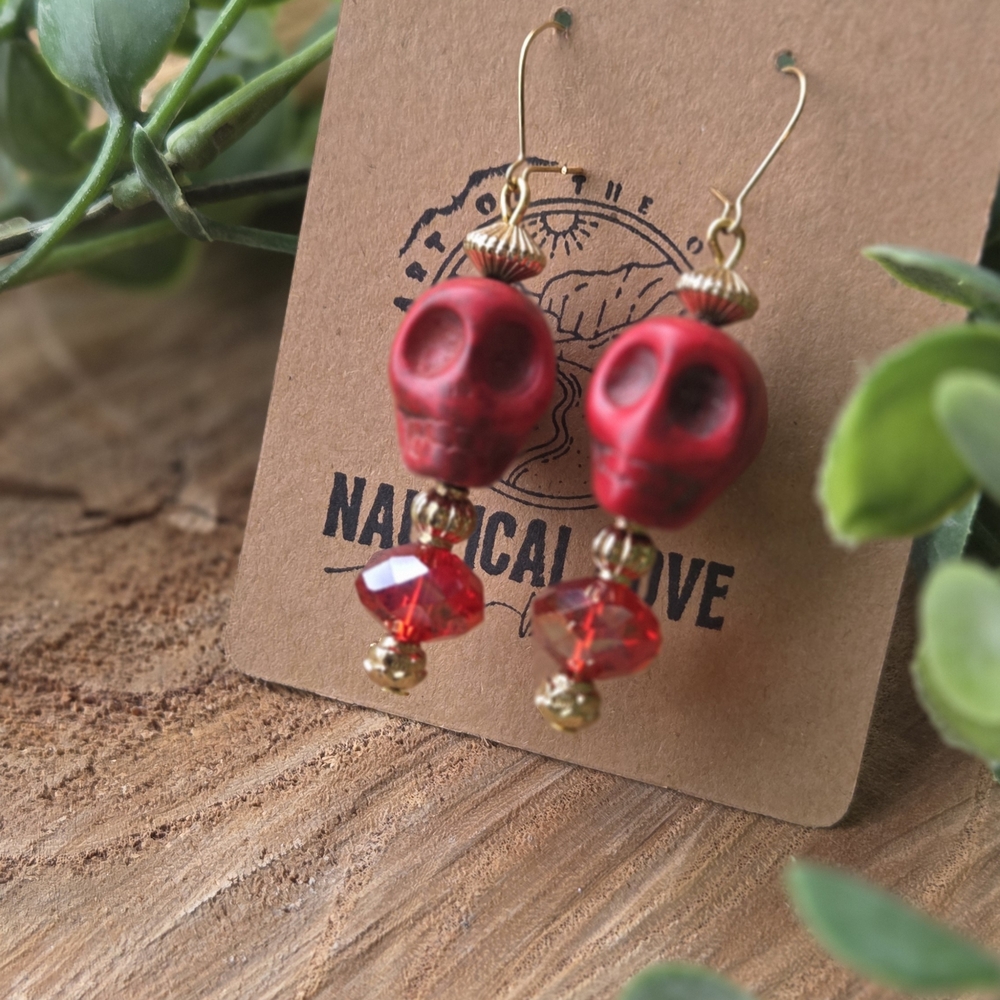 Red Skull Earrings with Gold Accents